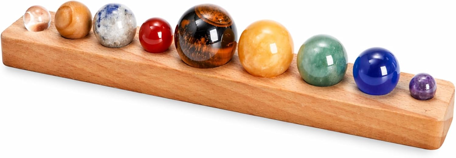 Nine Planets in Solar System with Wooden Stand, Natural Gemstones Sphere Solar System Model Kit, Planet Marbles, Space Themed Bedroom Decor, Best Birthday Science Astronomy Gifts