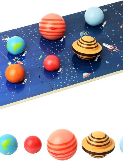 Wooden Solar System Model Board, Montessori Toys Planets Puzzle Science STEM Space Learning for Kids 4-8 with 3D Planets Models, Prechool Educational Gift for Boys Girls