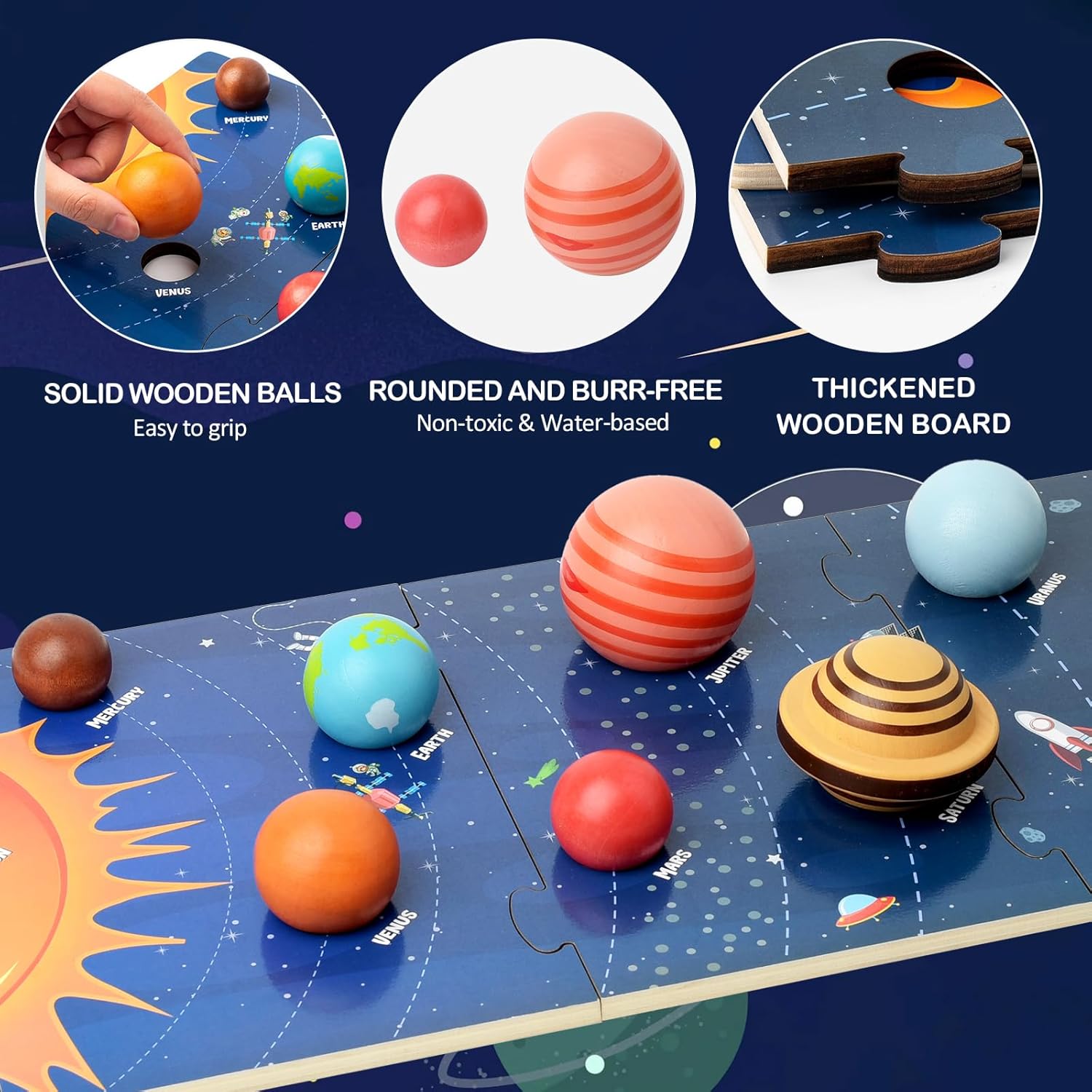 Wooden Solar System Model Board, Montessori Toys Planets Puzzle Science STEM Space Learning for Kids 4-8 with 3D Planets Models, Prechool Educational Gift for Boys Girls - Image 2
