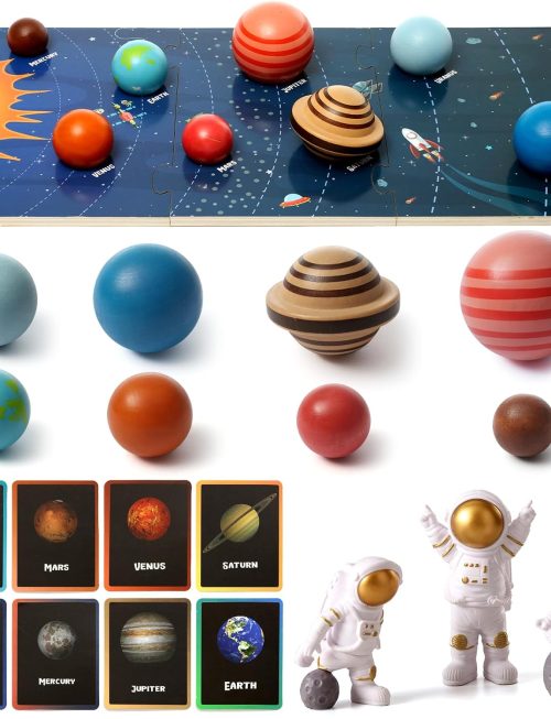 Wooden Solar System Model Board,Kids Solar System with Astronauts ,Montessori Planet Toys,Educational Planets Balls,Preschool Learning Puzzle,Space Knowledge Flash Cards Learning Toys for Kids